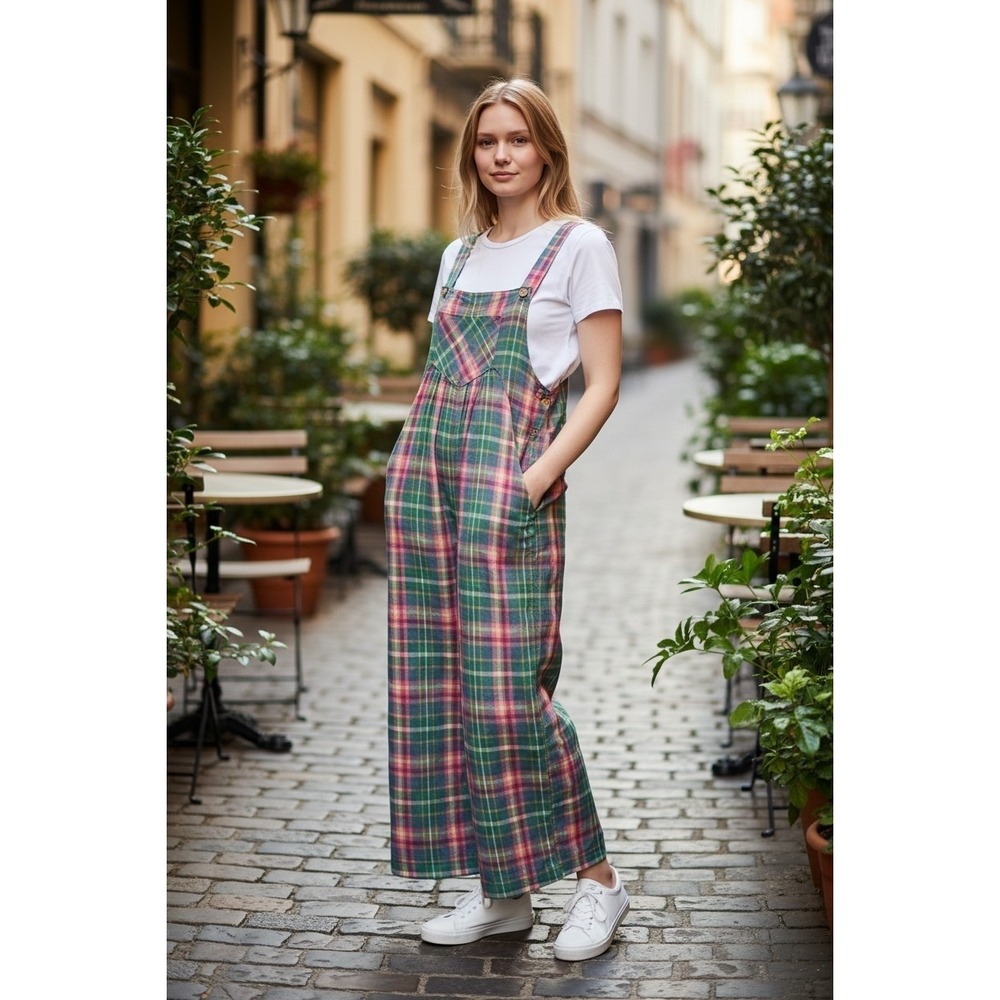 BIBI Womens Green Pink Plaid Cotton Wide Leg Overalls Jumpsuit IB1130J-26 New